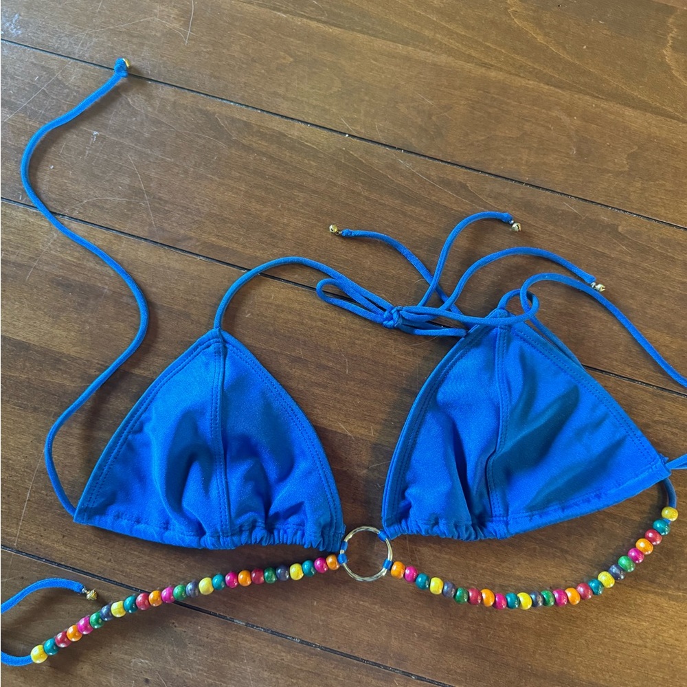 Blue Triangle Beaded Ring Crop Bikini Top